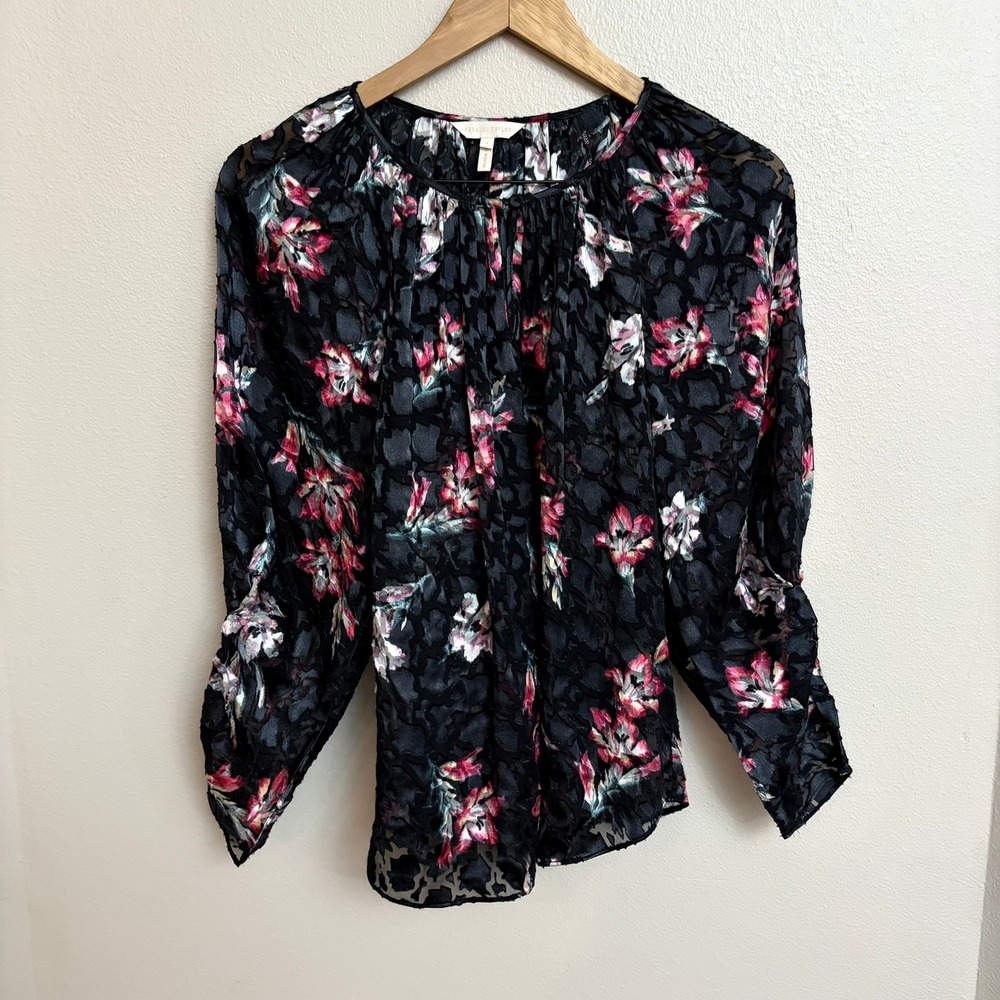 Rebecca Taylor Silk Blend Devore Floral Blouse Size 4 Black Pink Leopard Burnout